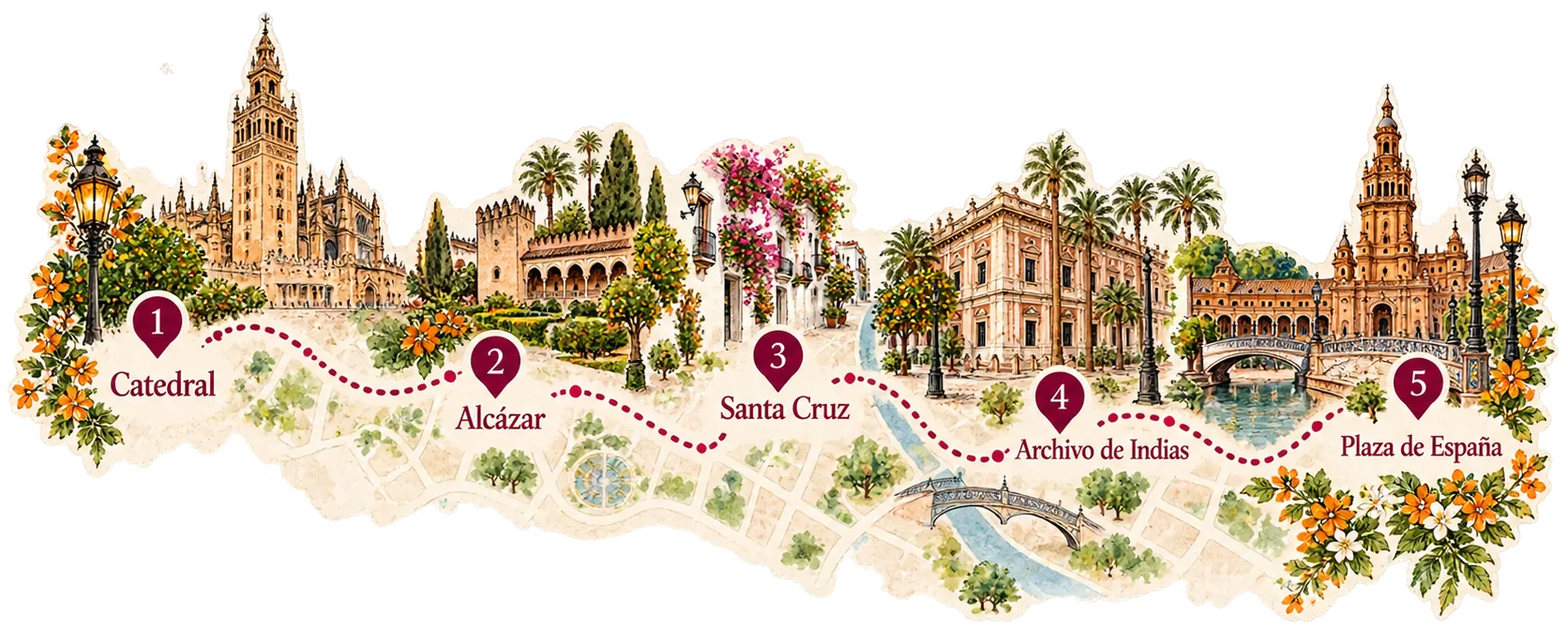 Mapa ilustrativo con Catedral, Alcázar, Santa Cruz, Archivo de Indias, Plaza de España
